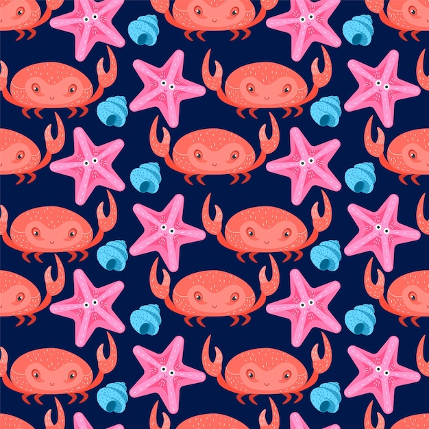 Crab starfish shell on dark blue background seamless pattern for fabric and wrapping paper vector