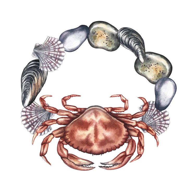 Vector crab surrounded by pebbles and shells a watercolor vector illustration a color image of a frame
