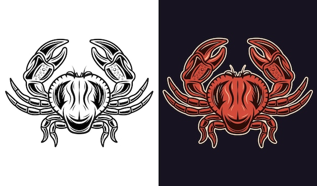 Crab two styles black on white and colorful on dark background vector illustration