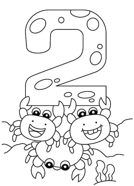 Crab with number two cute coloring page for kids vector