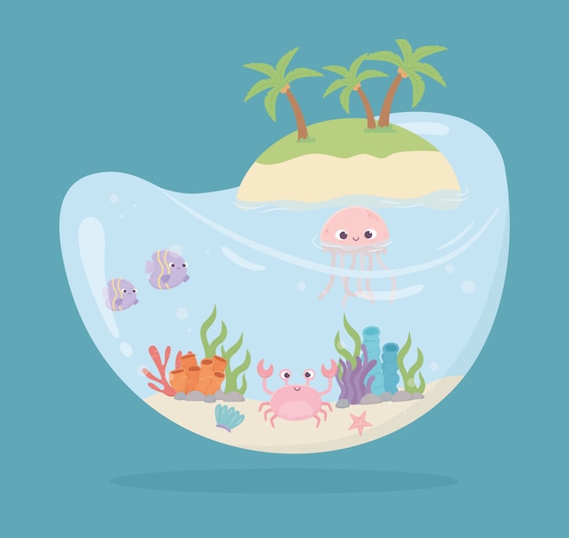 カニ魚クラゲヒトデ水形の海漫画のベクトル図の下の魚の水槽