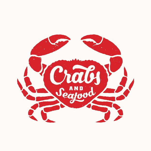 Crabs and seafood abstract emblem or logo template with red crab silhouette and retro typography.