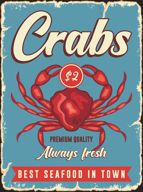 Crabs seafood vintage tin sign retro promo poster vector template