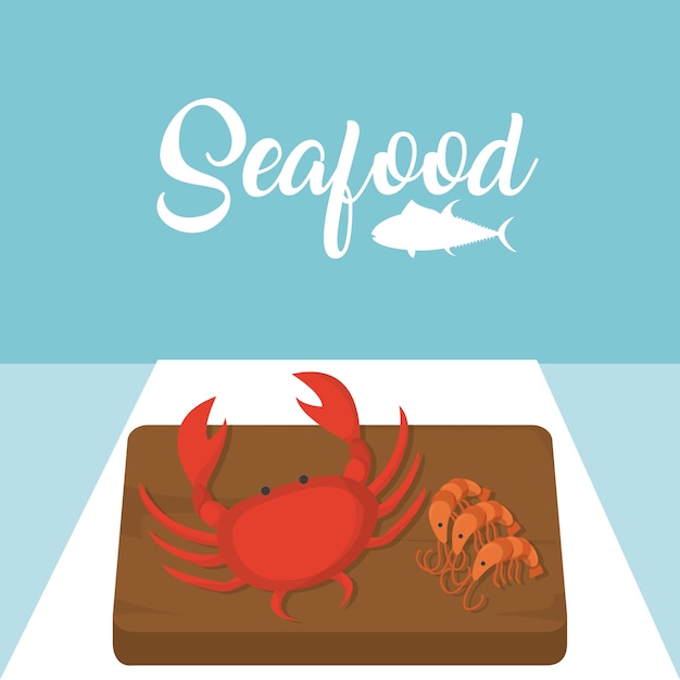 Vector crabster and shrimps on wooden table