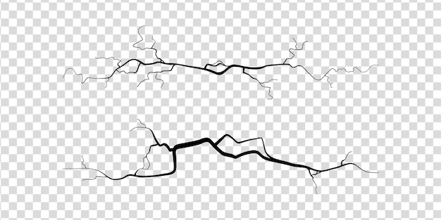 Crack on concrete or ground due to aging or drought set of fissures in transparent background