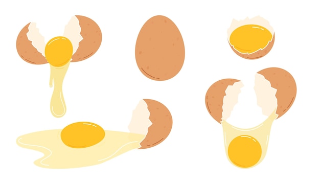 Набор треснутых куриных яиц. Плоская векторная иллюстрация на белом фоне.
