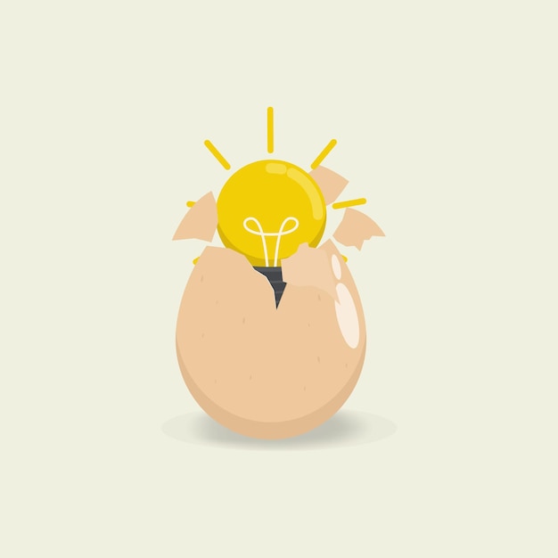 Cracked egg and bright light bulb inside Getting new brilliant idea fresh ideas vector illustration