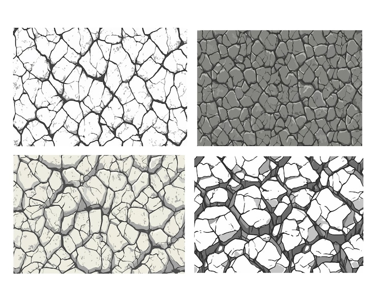 Vector cracked ground texture set on white background representing broken rough and dry earth surface