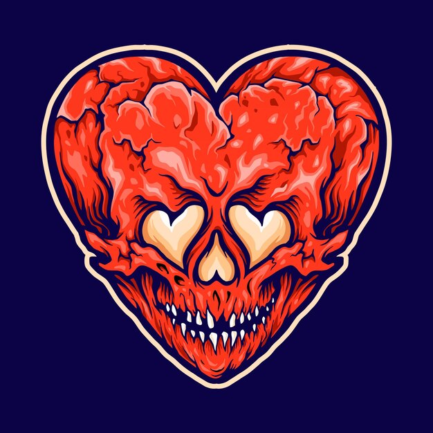 Cracked heart love skull illustration