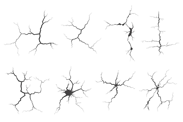 Vector cracks collection on wall earth or stone scratches lines on surfaces lightning and thunderstorm