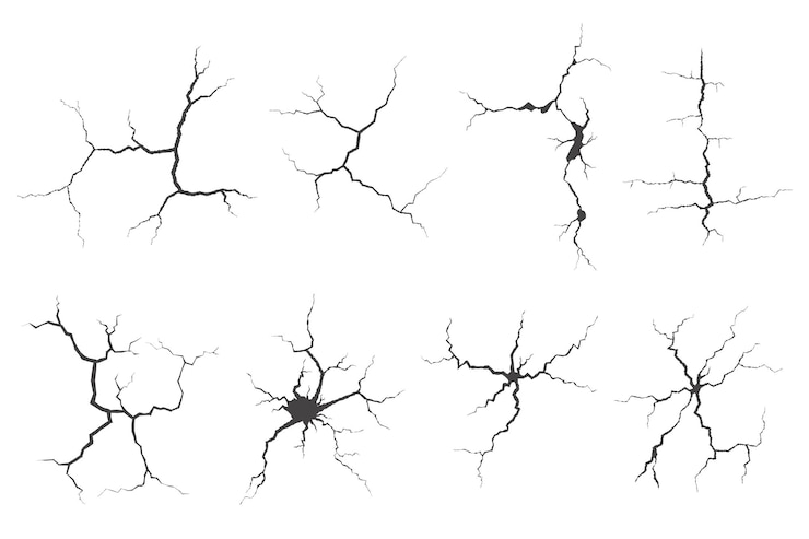 Vector cracks collection on wall earth or stone scratches lines on surfaces lightning and thunderstorm