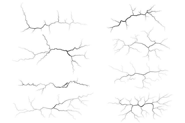 Vector cracks collection on wall earth or stone scratches lines on surfaces lightning and thunderstorm