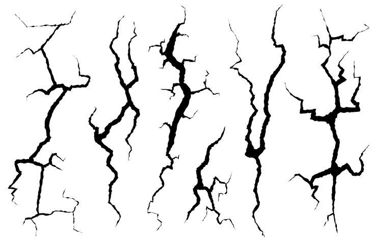 Vector cracks wall fracture structure surface cleft broken dry lining wall or destroyed cracked glass earthquake destruction damage texture effect ground fracture hole silhouettes vector isolated set