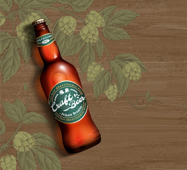 Vector craft beer in 3d illustration on engraved hops flower and wood table background