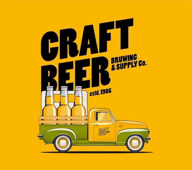 Craft beer brewing and delivery illustration with retro side view pickup truck with bottles of beer