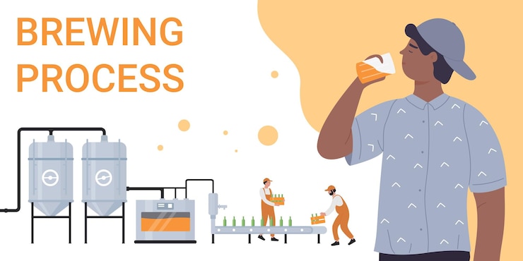 Vector craft beer brewing process and packaging in brewery young man character drinking beer