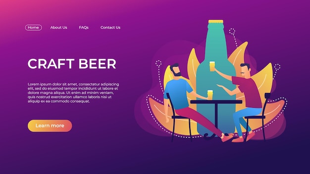 Craft beer landing page template two men with glasses drinking craft beer giant bottle background