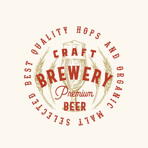 Craft brewery premium beer abstract  sign, symbol or logo template. hand drawn retro glass and wheat with classic typography. vintage beer emblem or label.