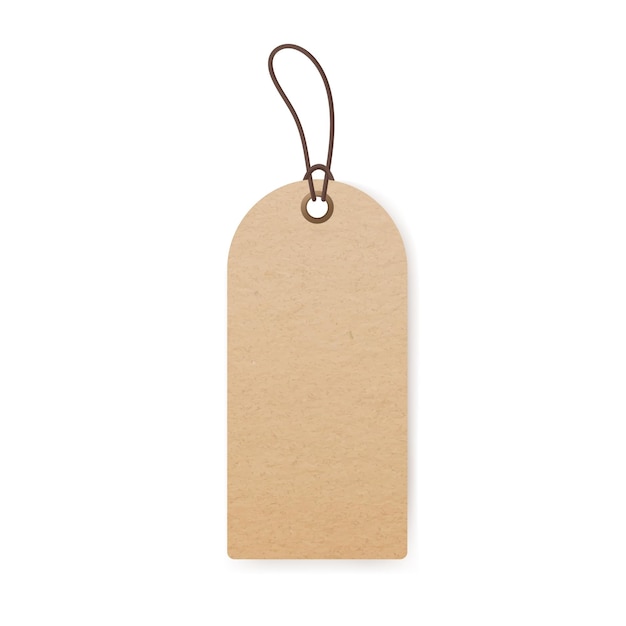 Vector craft carton label on cord. empty kraft cardboard price tag mockup. blank rustic badge hanging on string. eco card mock up with on rope. realistic vector illustration isolated on white background.