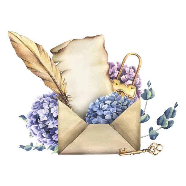 Вектор Ремесленный конверт с листом пергамента с золотым ключом от замка и перьем с цветами гортензии и