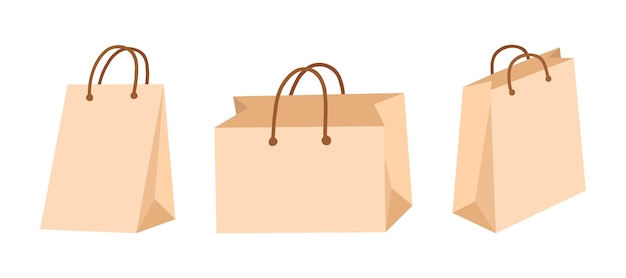 Craft paper bag set in flat vector style Hand drawn vector illustration shopping