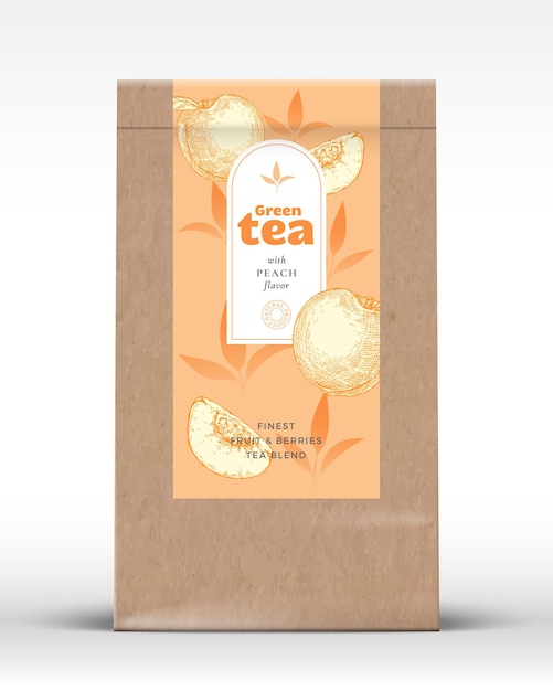 Sacco di carta artigianale con frutta e bacche etichetta del tè vettore realistico sacchetto packaging design layout tipografia moderna disegnato a mano pesche e foglie sagome sfondo mockup isolato