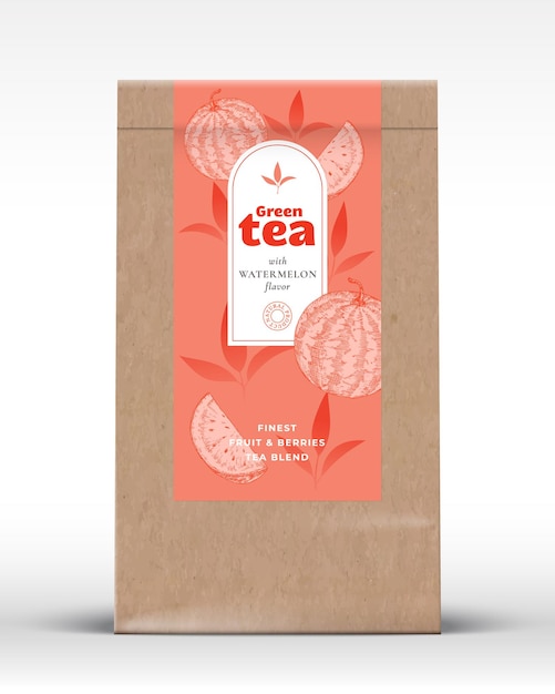 Vector craft paper bag with fruit and berries tea label realistic vector pouch packaging design layout modern typography hand drawn watermelon and leaves silhouettes background mockup isolated