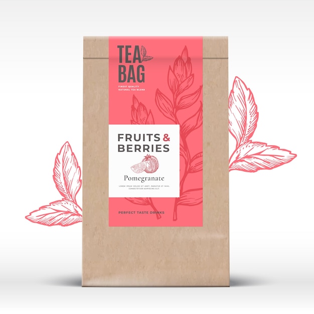 Vector craft paper bag with fruit and berries tea label.