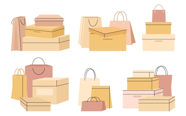 Craft sale shopping bags and boxes Bag composition store gift packaging Shoes paper box various shop or store purchase or decent parcel vector set of bag and box store illustration