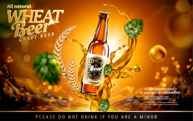 Ремесленная реклама пшеничного пива с брызгами алкоголя и хмеля на блестящем коричневом фоне