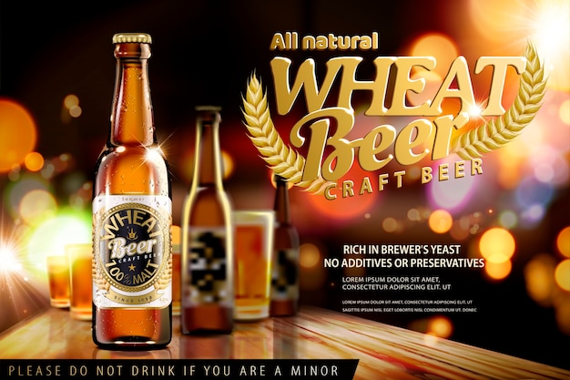 Vector craft wheat beer on bokeh night bar background