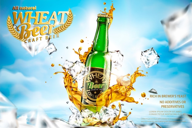 Vector craft wheat beer with splashing liquid and ice cubes on bokeh blue sky