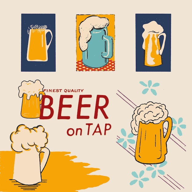 Crafted beer on tap old retro vintage illustration poster template design vector elements