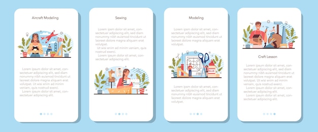 Set di banner per applicazioni mobili per corsi scolastici di crafting e modellazione. insegnante che impara gli studenti a creare. modellazione, scultura e cucito di aeroplani. passatempo creativo. illustrazione vettoriale piatto isolato