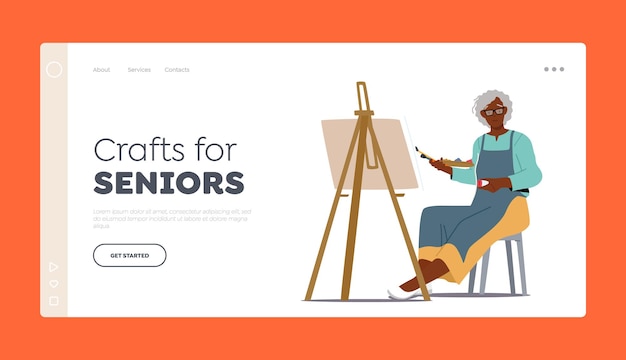 Vector crafts for seniors landing page template old woman artist hold paintbrush in hand in front of canvas on easel drawing