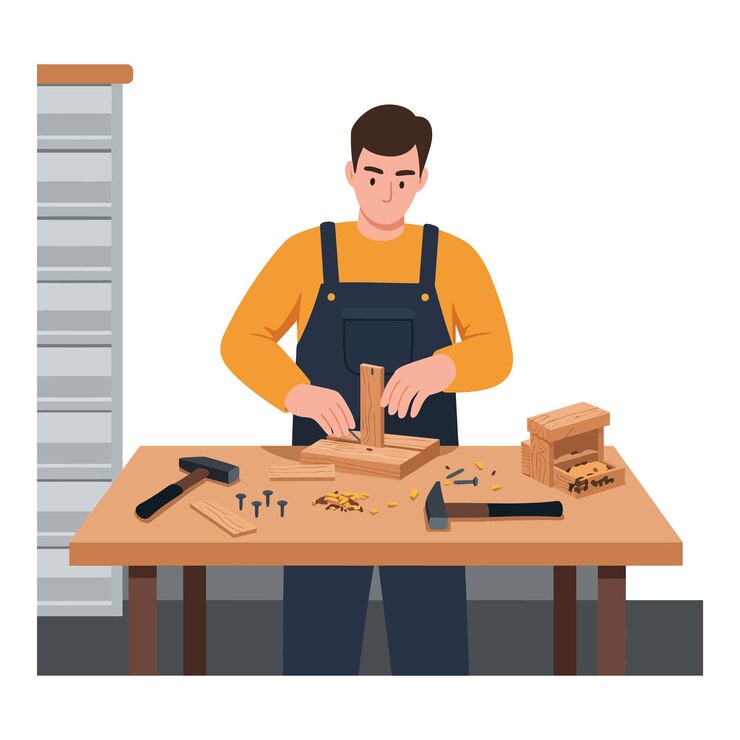 Craftsman assembling wooden pieces with tools on a workbench in a workshop