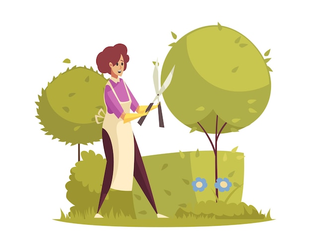 Craftsman composition with outdoor scenery and female character of gardener cutting trees vector illustration