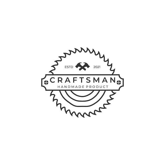 Craftsman line art minimalist logo badge template vector illustration design hammer wood and saw logo