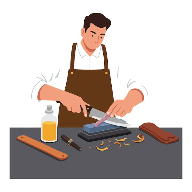 craftsman sharpening a knife on a whetstone with tools and oil nearby