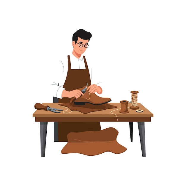 craftsman working on leather goods in minimal flat design vector art