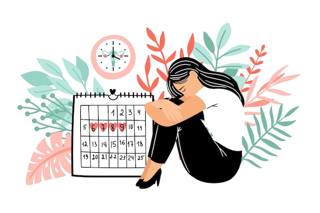 Vector cramps period. menstruation days vector illustration, lady periodical abdomen pain dates, girls calendar periodic menstrual time, women menstruating health cycle, woman emotional agenda image