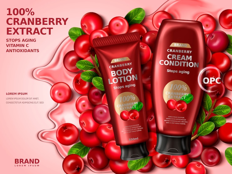 Vector cranberry cream contained in bottles, with cranberry elements, 3d illustration