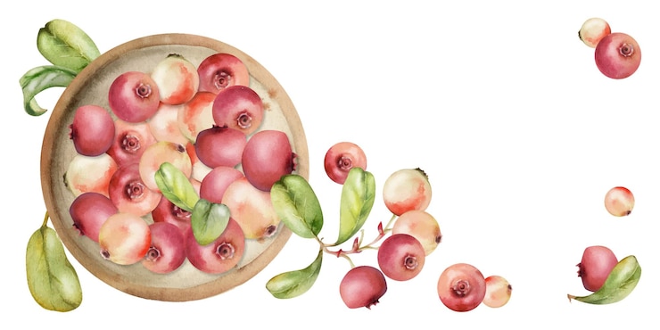 Vector cranberry lingonberry on ceramic plate green leaves hand drawn in watercolor scattered ripe red