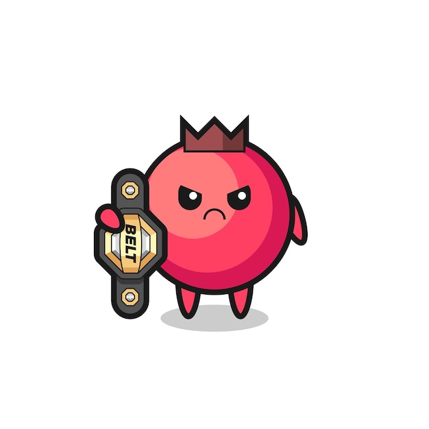 Vettore personaggio mascotte del mirtillo rosso come combattente mma con la cintura del campione, design in stile carino per maglietta, adesivo, elemento logo