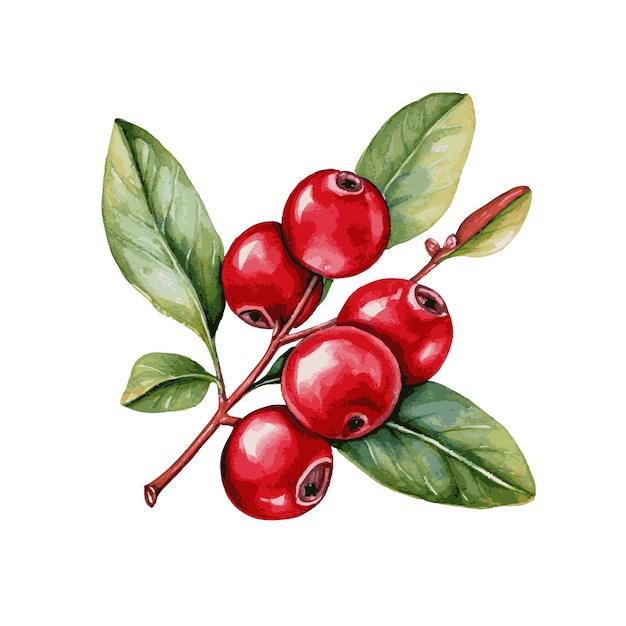 cranberry with leaves watercolor paint on white for food design