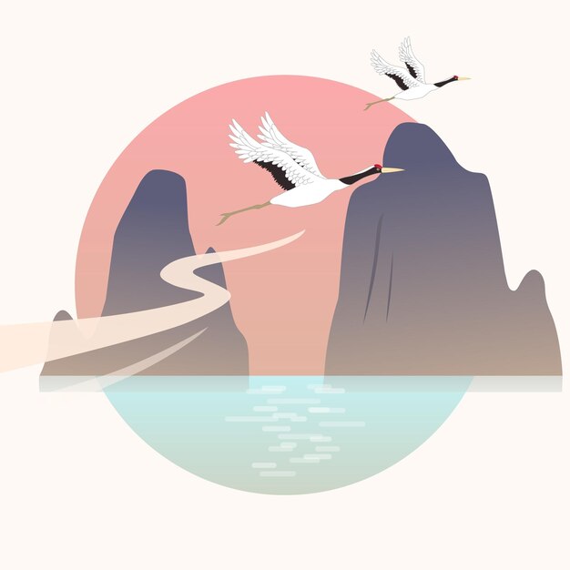 crane birds flying over the river