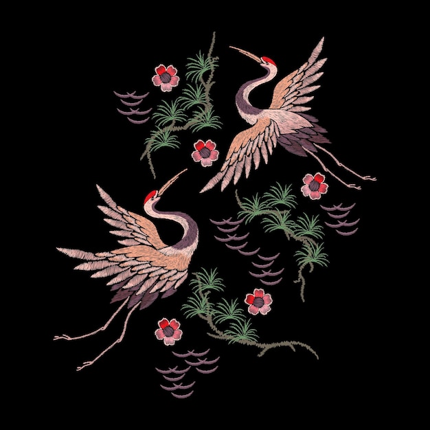 Vector crane embroidery bird heron japanese cranes and oriental floral elements asian ornament silk stitch japanese design patch nowaday vector pattern