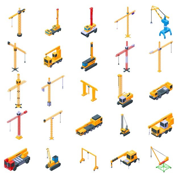 Crane icons set, isometric style