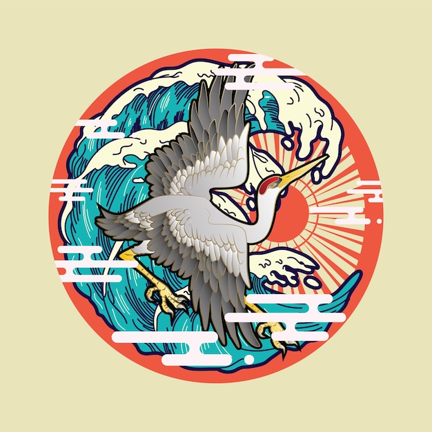 crane illustration with japanese style background