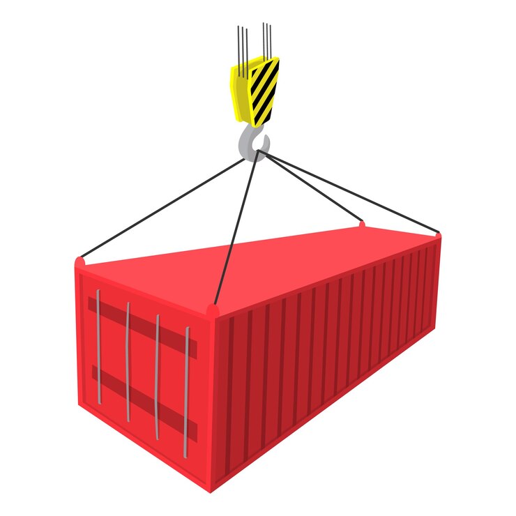 Vector crane lifts a red container with cargo cartoon icon on a white background